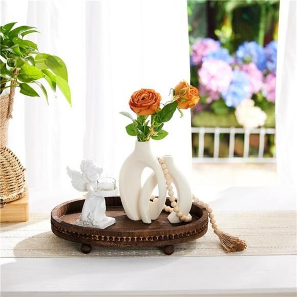 Wood Beaded Farmhouse Tray Oval Wooden Coffee Table Decor Serving Kitchen - Picture 4 of 7